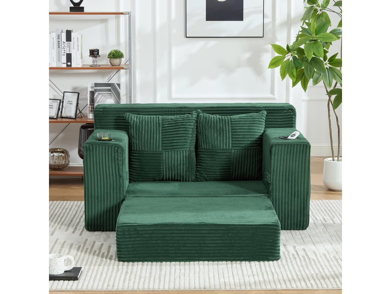  Canapé-lit 2 places modenvie convertible vert émeraude en velours côtelé avec coussins, porte-gobelet et poches latérales 151 x 133 x 64 cm  - Conforama E