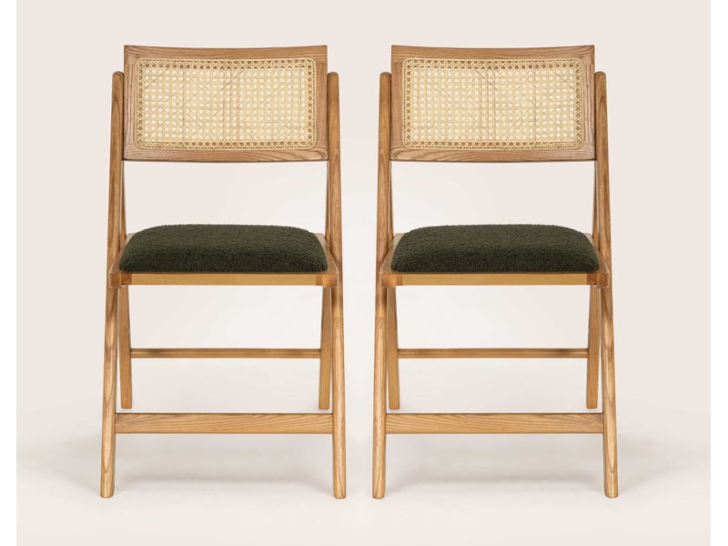  Lorenzo - lot de 2 chaises pliantes frêne massif, cannage et tissu bouclette - best mobilier - chêne et vert kaki LORENZO - Conforama E