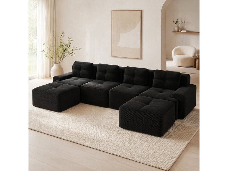  Canapé d'angle ulevr modulable 4 places en u avec méridiennes, velours côtelé noir, assise profonde 74 cm, 382 x 177 x 69 cm  - Conforama B