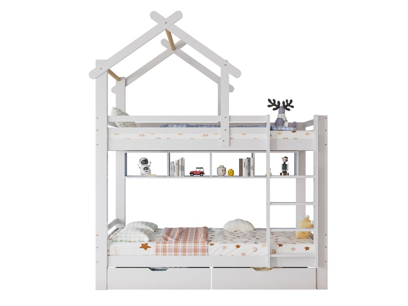  Lit superposé enfant 90x200 cm – blanc – maison avec tiroirs, étagères et échelle à 3 marches – sans matelas  - Conforama A