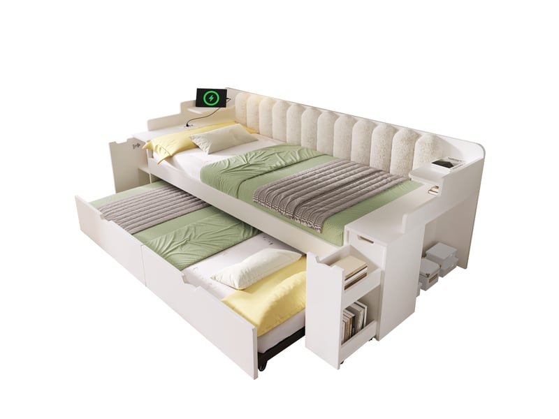  Lit banquette 90x200 cm, lit de jour avec sommier, lit gigogne, 3 usbusb-c, chariot, sherpa (sans matelas), blanc CozyNest - Conforama A