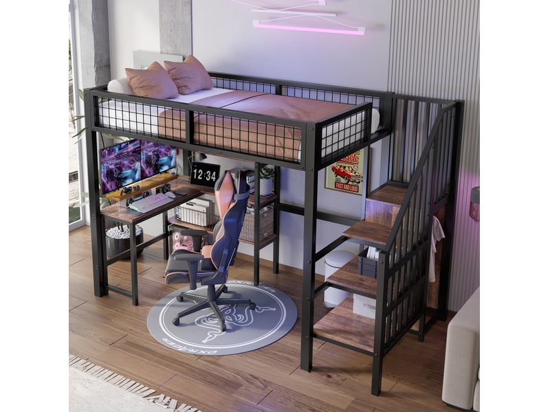  Lit mezzanine 90x200 cm, avec bureau intégré, rangements et armoire, mdf et métal, noir, marron, sécurisé, sans matelas  - Conforama D