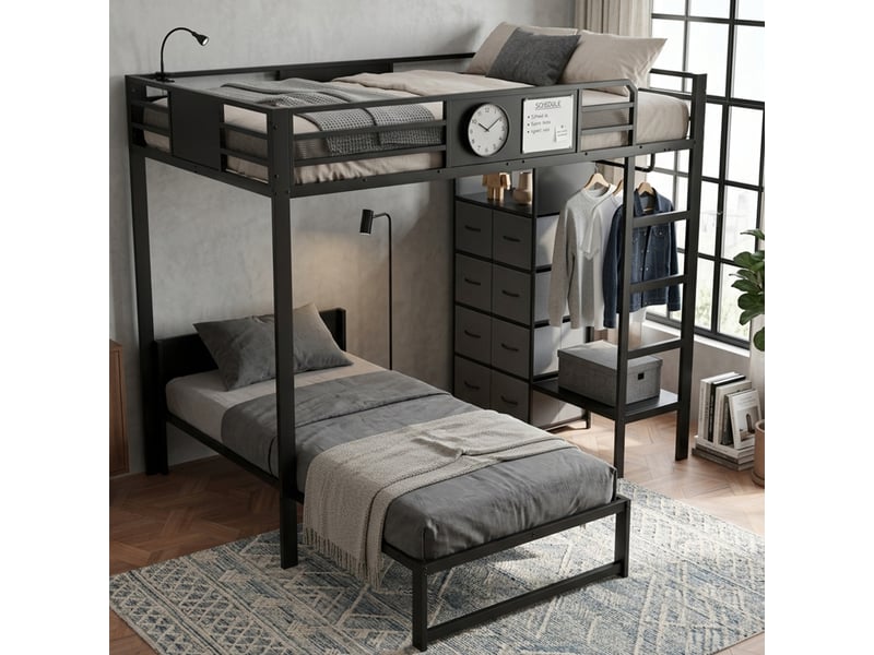 Lit superposé décalé en métal - 120x200cm et 90x200cm - penderie, étagères et tiroirs en tissu - avec sommiers à lattes métalliques - noir - Conforama D