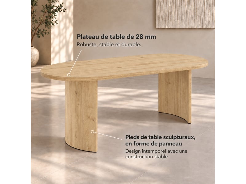  Table à manger 200 x 90 cm couleur chêne, pour 6 à 8 personnes, plateau ovale aux angles arrondis  - Conforama D