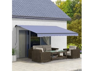 Store banne mural 4 x 3 m avec manivelle, protection solaire, aluminium, bleu et blanc