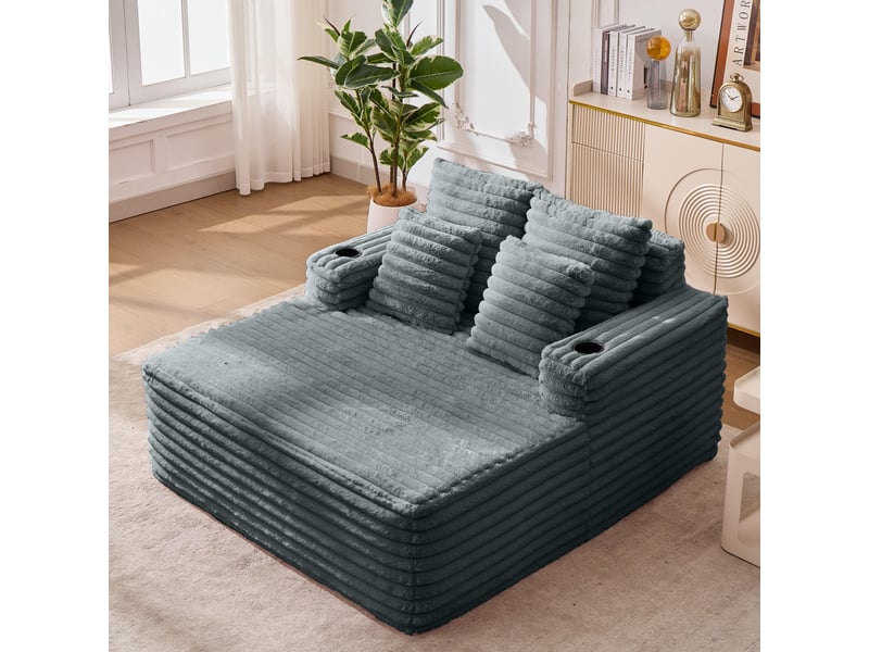 Fauteuil 2 places - 135x128x86 cm - lit convertible chaiselongue surdimensionnée avec porte-gobelets et velours - gris foncé - Conforama C