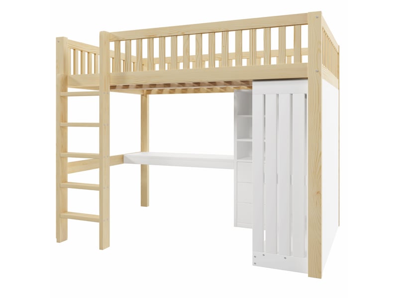  Lit mezzanine naturel 140x200 cm, bureau, armoire, 3 tiroirs et rangements intégrés  - Conforama D