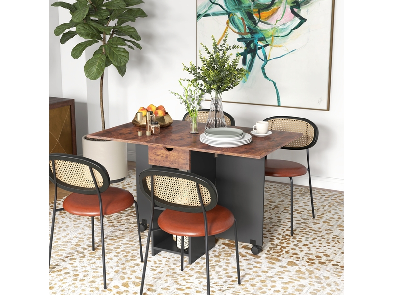  Table de cuisine pliante à roulettes avec tiroir rabattable et étagères pour 2 à 4 personnes, 120 x 72 x 75 cm, marron rustique et noir  - Conforama C
