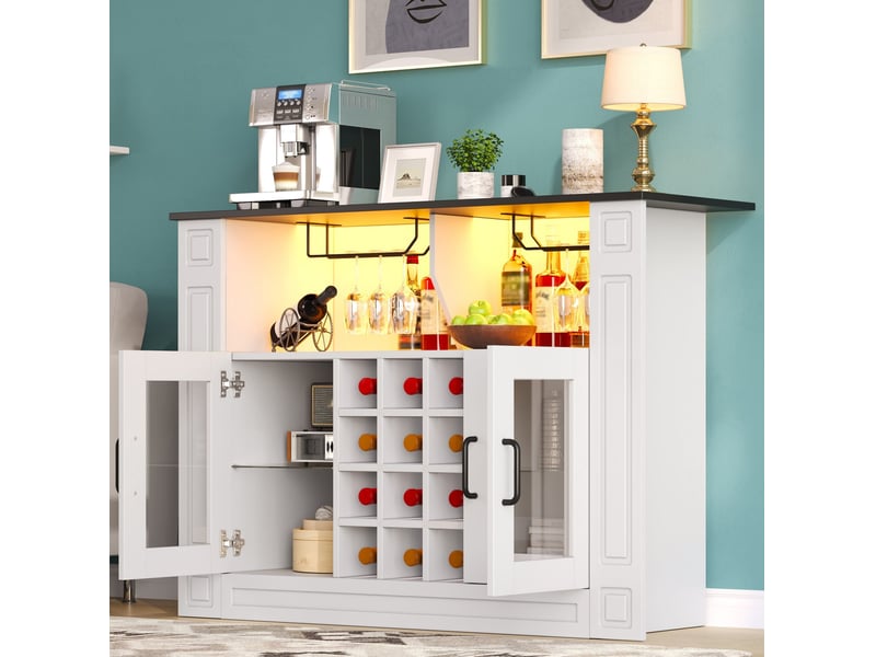  Buffet à vin avec led rgb 120x35x84 cm en mdf blanc, plateau noir  - Conforama B