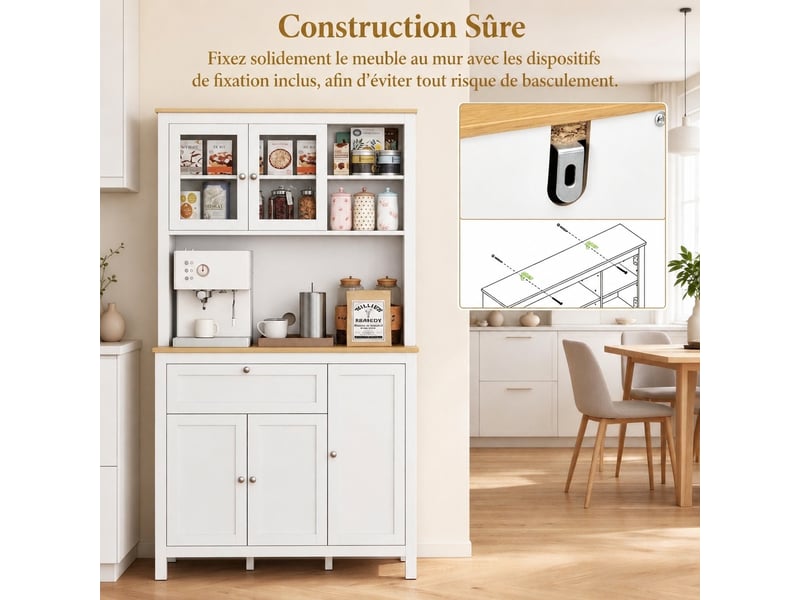  Meuble de cuisine muvano, buffet de cuisine haut blanc, 5 portes dont 2 vitrées, 100 × 40 × 180 cm  - Conforama E