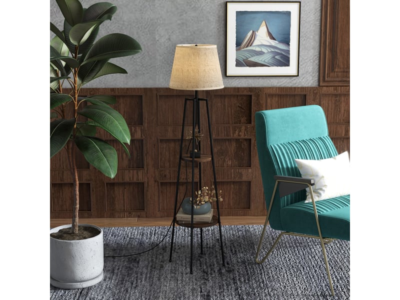  Lampadaire à deux niveaux en métal et mdf avec abat-jour en tissu, ø42 x 166 cm, noir et marron  - Conforama C