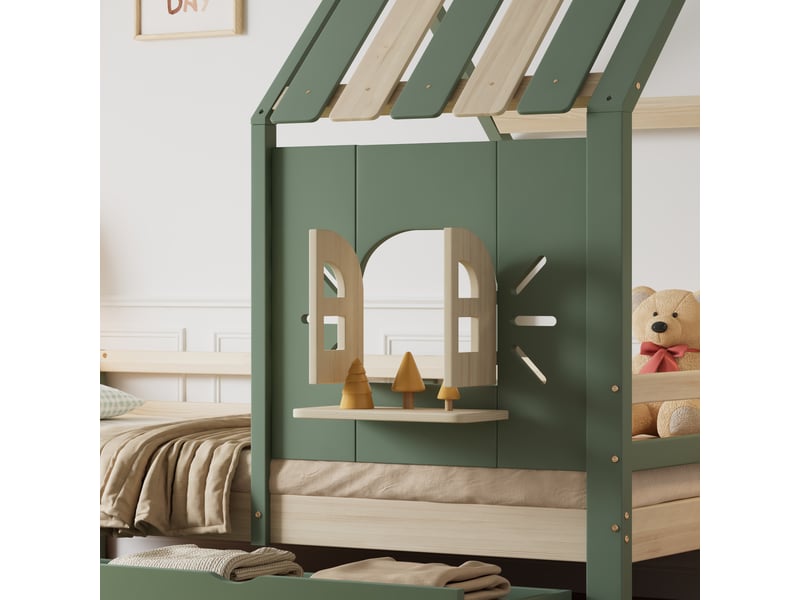 Lit 1 place 90x200cm, lit enfant avec 2 tiroirs, fenêtre et sommier, lit maison, pin+mdf, vert+naturel, sans matelas - Conforama C