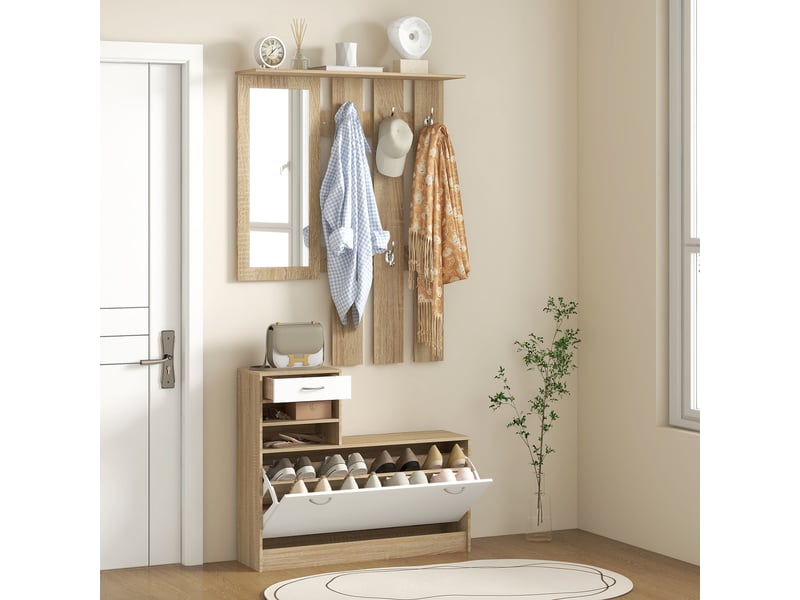  Meuble d'entrée vestiaire avec panneau porte-manteau, miroir et banc à chaussures - 6 crochets et réglable étagère  - Conforama W
