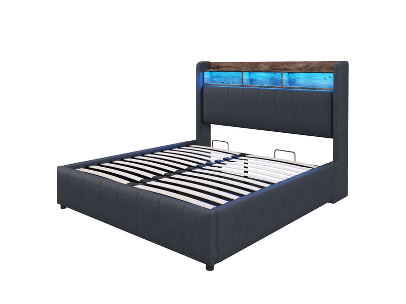 Lit capitonné 140 x 200 cm gris en lin, led multicolore, usb et type-c, coffre hydraulique, sans matelas - Conforama A
