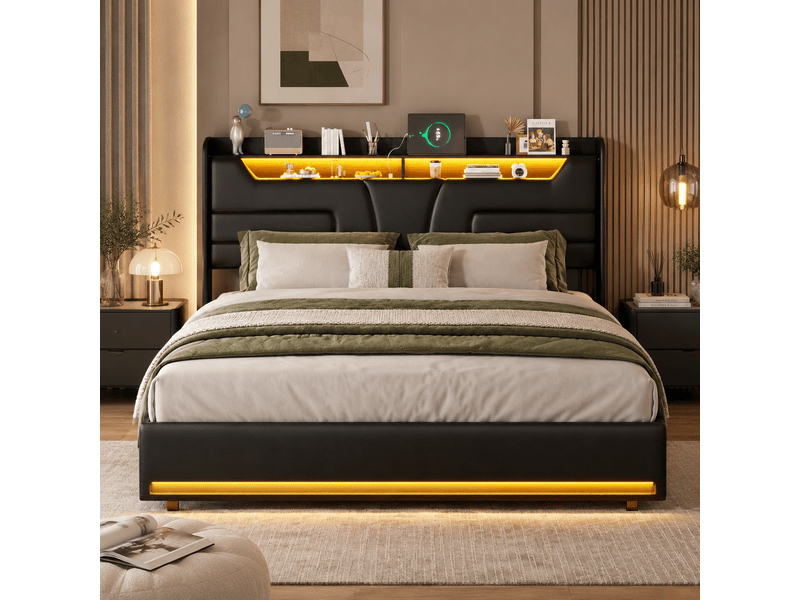  Lit coffre 140x190 cm avec rangement hydraulique, led et usb ports, lit adultes avec sommier à lattes et tête de lit, lit double pour adulte et adolescent, sans matelas, noir pu  - Conforama C