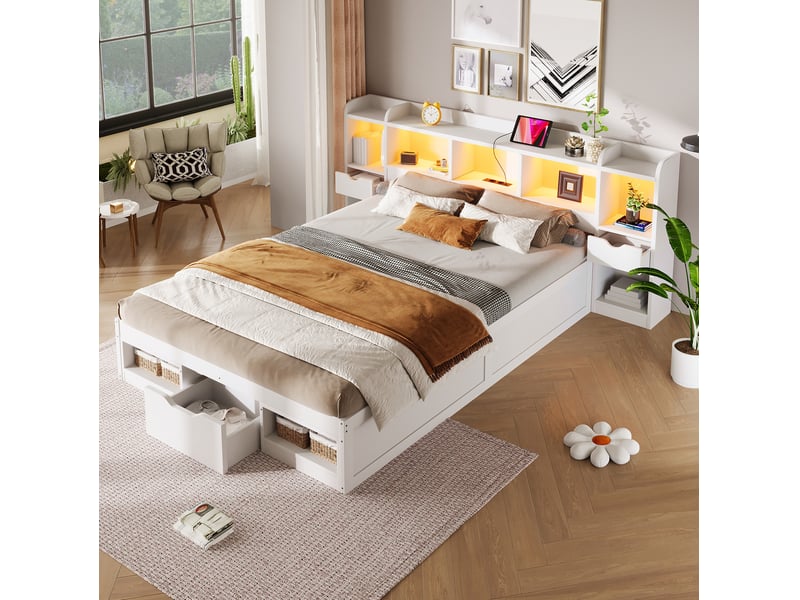  Lit plateforme 140x200 cm, tête et pied de lit avec rangements, led, port usb, mdf et contreplaqué, blanc sans matelas  - Conforama B