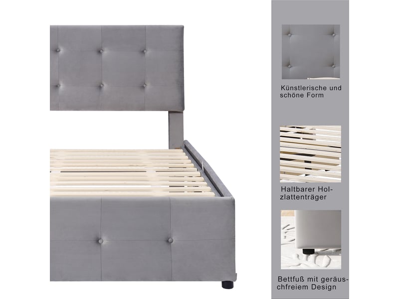  Lit enfant 90x200 cm avec 2 tiroirs, tête de lit réglable et sommier, velours, gris, sans matelas  - Conforama D