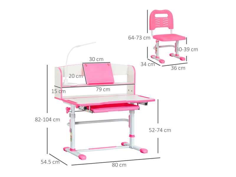  Ensemble bureau et chaise enfant réglable 6-12 ans rose avec lampe led et plateau inclinable  - Conforama E