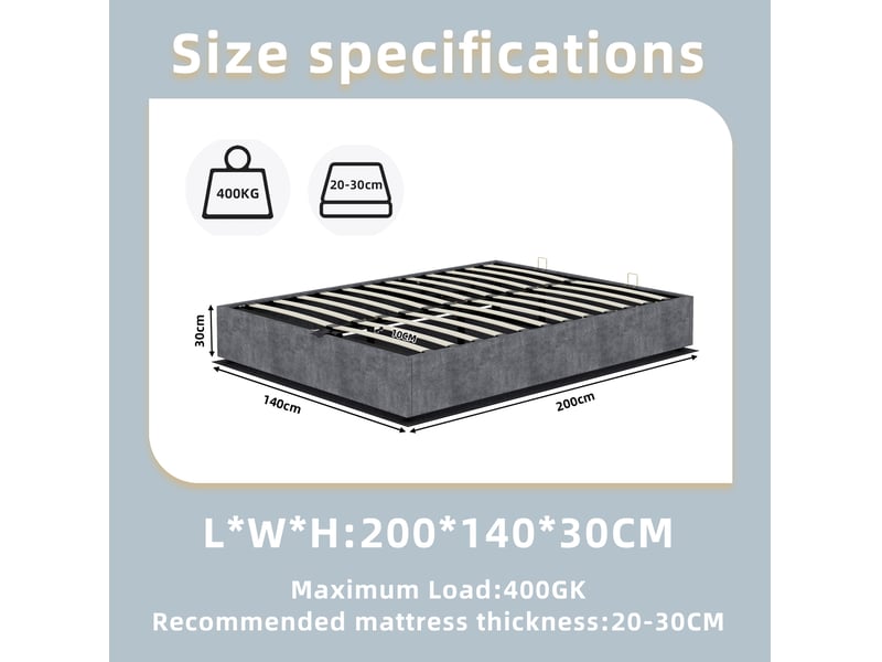  Cadre de lit 140x200 cm, sommier relevable à vérins pneumatiques, sans tête de lit, velours gris, sans matelas  - Conforama C