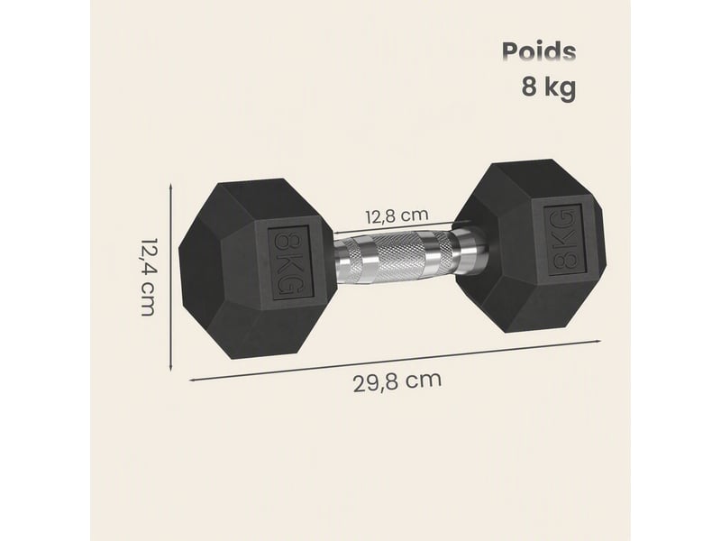  Haltères musculation lot de 2, kit haltères hexagonaux en fonte, 2 x 8 kg, 29,8 x 12,4 x 10,7 cm, noir  - Conforama D