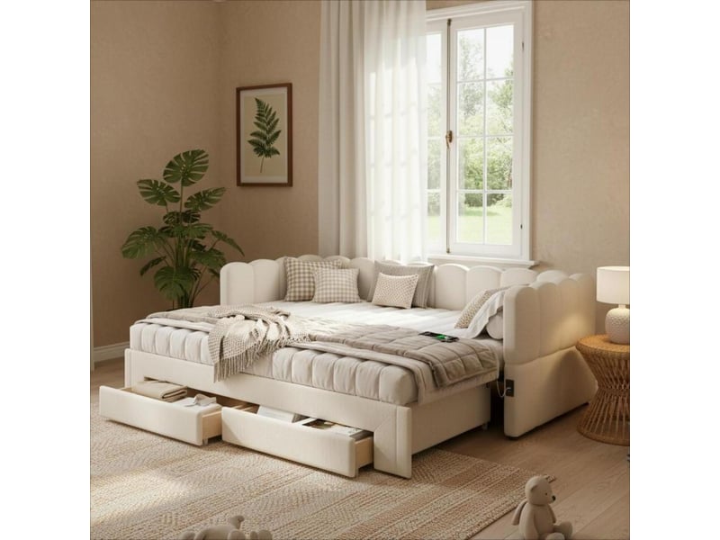  Lit rembourré 90x200 cm, lit de jour avec 2 tiroirs de rangement, canapé-lit extensible à 180 cm, lin beige, avec prise usb  - Conforama E