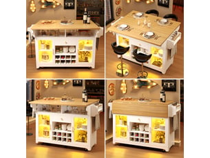 Îlot de cuisine 120 x 4080 x 95 cm, led rgb, plateau rabattable, buffet roulant, 2 portes 1 tiroir, casier à vin, blanc