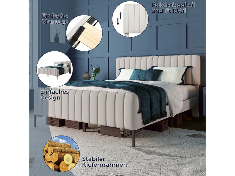  Rayofi lit capitonné 160 x 200 cm, sommier à lattes 100% pin, tête de lit rembourrée réglable, gris-beige, matelas 720 ressorts inclus.  - Conforama E