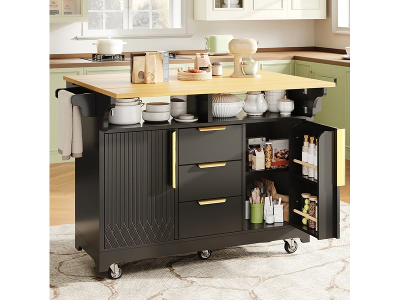 Desserte de cuisine à roulettes avec 3 tiroirs, 2 portes et plateaux rabattables en mdf noir 120 × 40 × 95 cm - Conforama B