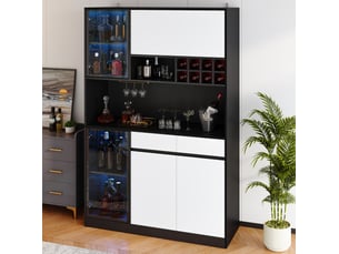 Buffet et enfilade avec led, vitrine, portes, tiroir et range-bouteilles pour salon noir et blanc 120 × 35 × 180 cm