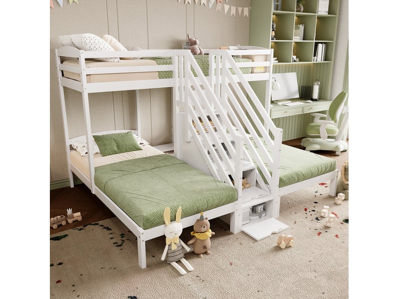  Lit superposé enfant 90x200 cm, 3 couchages, pin blanc, échelle à tiroirs  - Conforama D