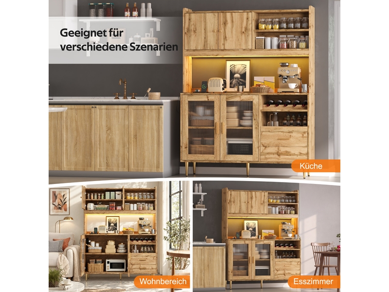  Buffet haut 130x40x172cm avec éclairage led, prises, casiers à bouteilles et étagères coulissantes, vitrine, naturel evarich - Conforama D