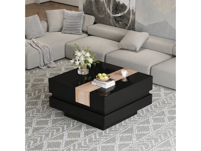 Table basse carrée noire 70 x 70 x 39 cm, plateau coulissant, rangement caché, bois et noir - Conforama D