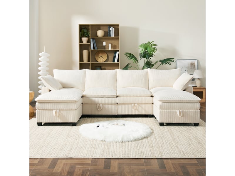 Canapé d'angle, canapé modulable, en velours côtelé, beige, porte-gobelets, repose-pieds, design moderne, usb  - Conforama R