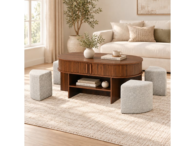  Table basse ovale effet noyer avec rangement et poufs en tissu, rainures verticales, 120 x 60 x 51,5 cm  - Conforama B