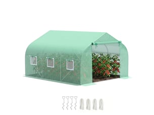 Serre de jardin de 3,5 x 3 x 2 m avec toit incliné en polyéthylène, porte et 6 fenêtres, verte