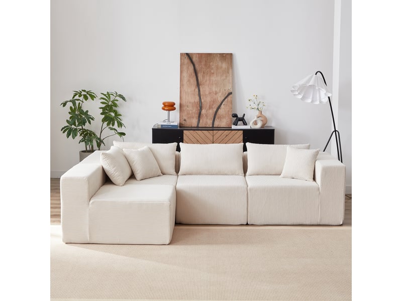  Canapé d’angle modulable en l - 4 modules, assise au sol et velours côtelé - canapé compressé - beige CozyNest - Conforama B