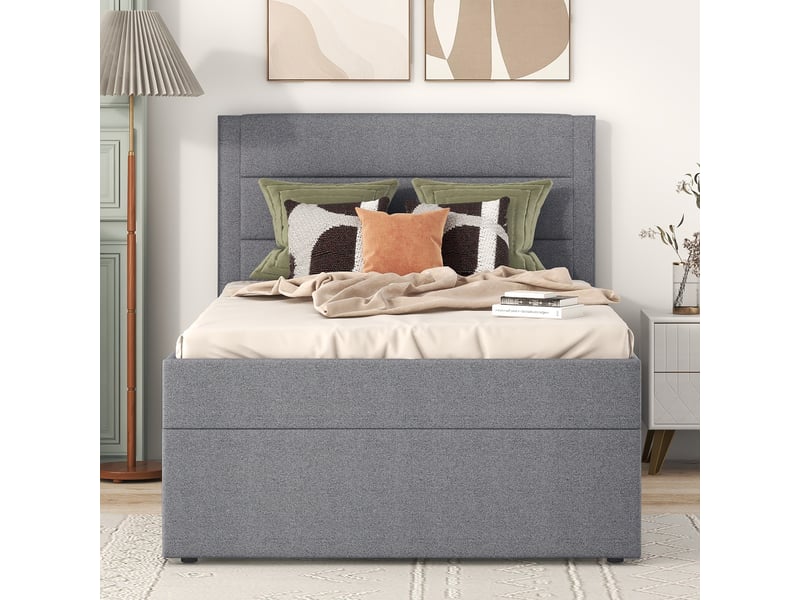  Lit rembourré 90 x 200 cm sans matelas, sommier à lattes, grand rangement, gris pour chambre  - Conforama E