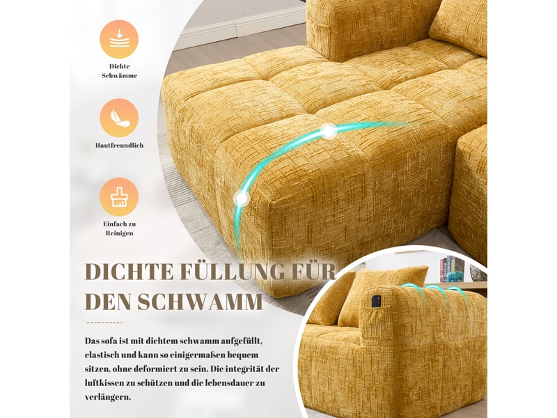  Canapé d'angle, canapé 3 places – en chenille, avec accoudoirs, avec méridienne, jaune, sans montage, poches latérales  - Conforama A