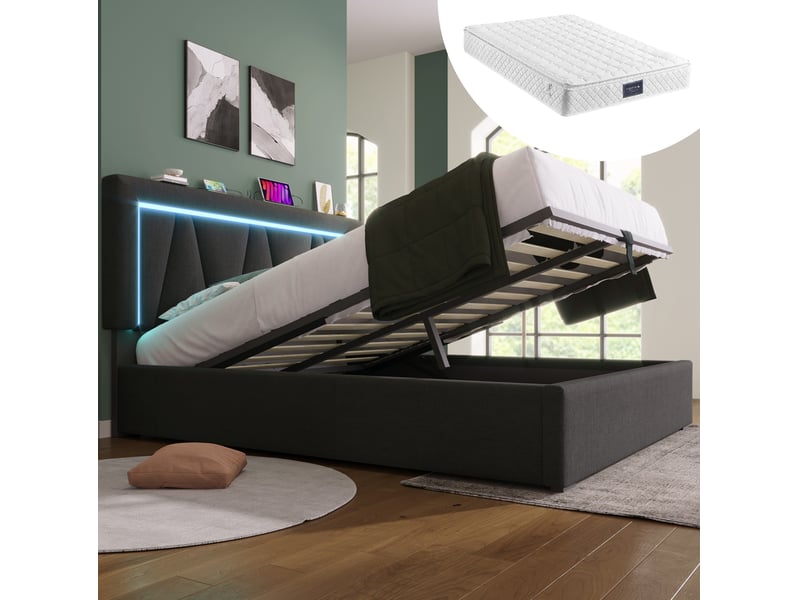  Lit coffre led 160x200 avec usb type-c et matelas evryae  - Conforama B