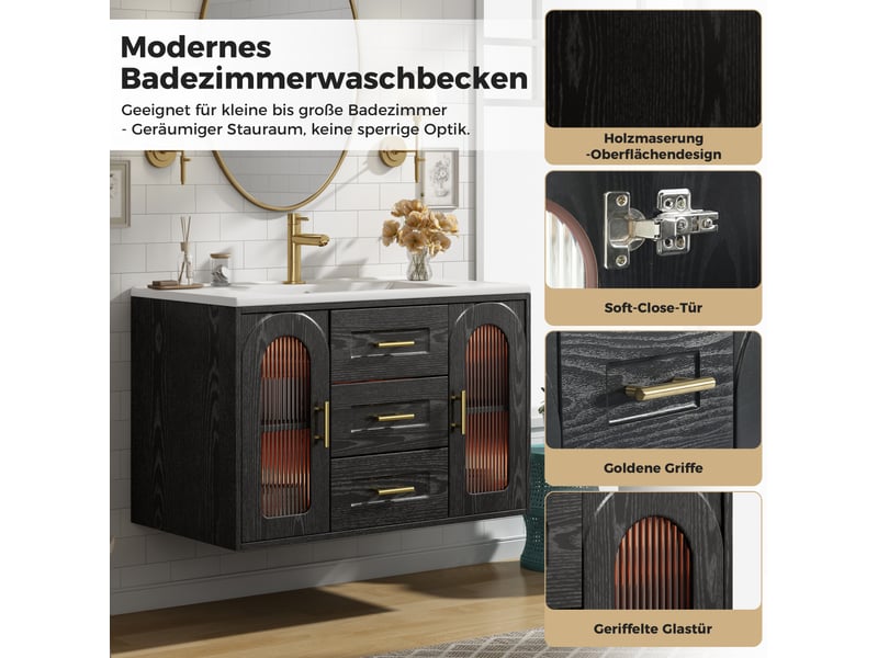  Meuble sous-vasque mural 76 cm noir effet bois, mdf et verre, vasque intégrée, portes cannelées, led et 2 tiroirs  - Conforama E