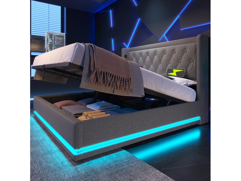  Lit coffre double 160x200 cm avec usb type-c et led 3 côtés coton gris sans matelas  - Conforama C