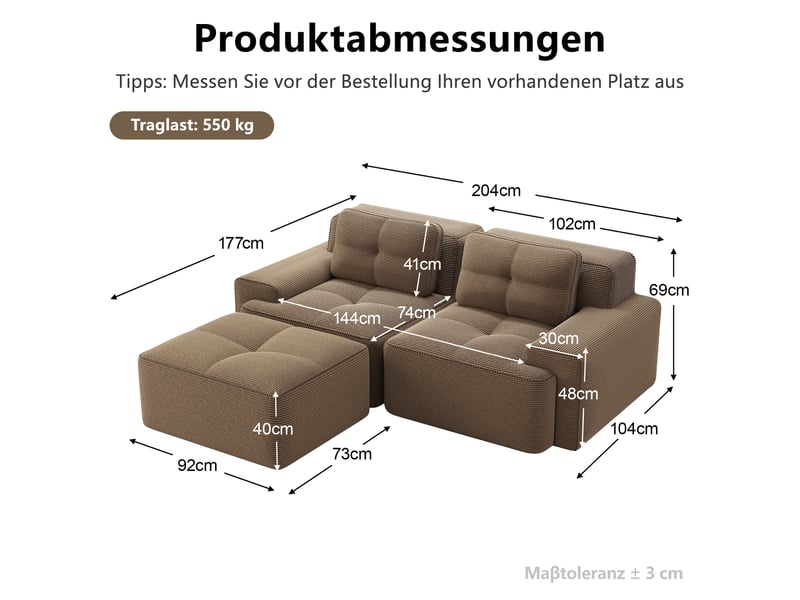  Canapé modulable 2 places en velours côtelé marron avec ottomane  - Conforama E