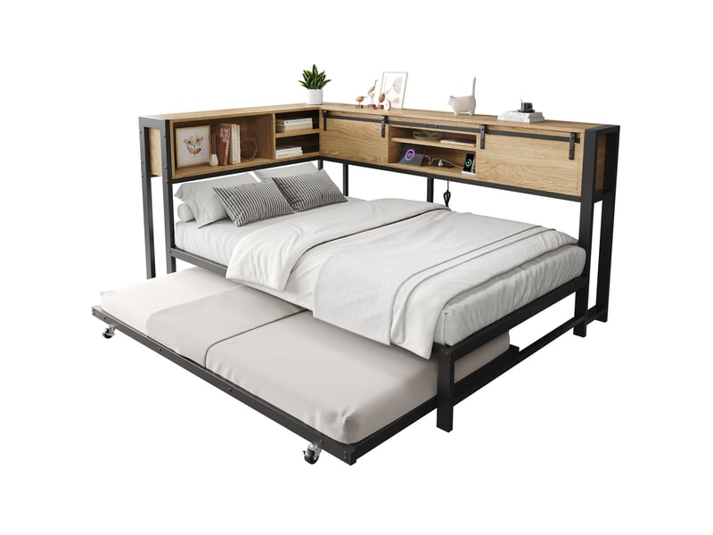  Lit jeune, lit gigogne 120x200 cm, noir, doté de tête de lit rangement, aspect bois  - Conforama A