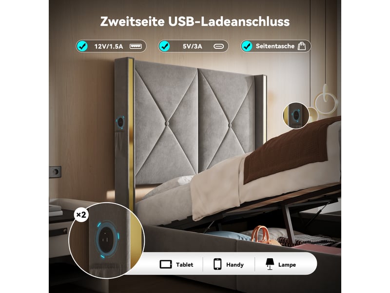  Lit coffre simple 90×200 cm avec rangement, led réglable, usb et type-c - okmyhome- velours gris foncé, sans matelas  - Conforama E