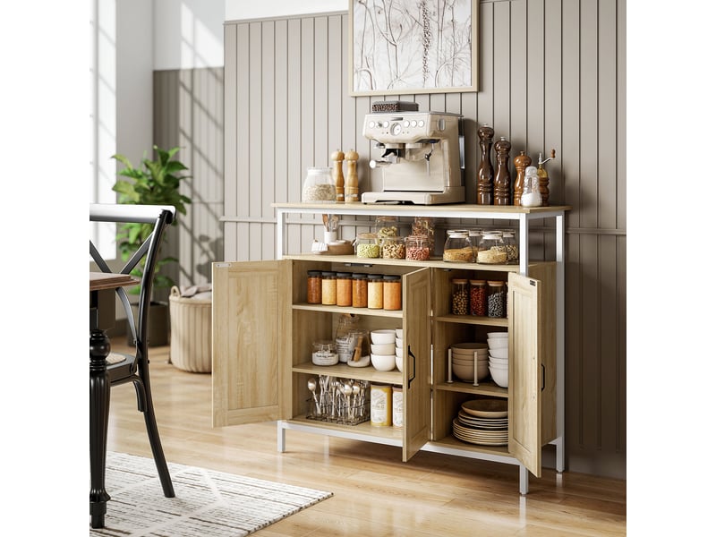 Buffet, meuble de rangement avec 3 portes, compartiment ouvert et 4 étagères réglables, 100 x 35 x 88 cm, bois naturel  - Conforama A