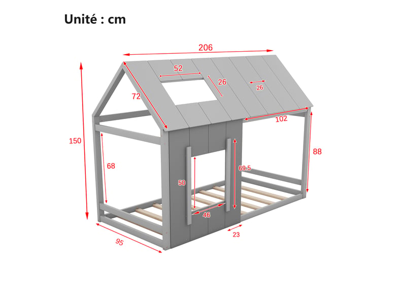  Lit cabane enfant 90x200 cm – lit simple avec toit et fenêtre – mdf – sans matelas – gris  - Conforama C