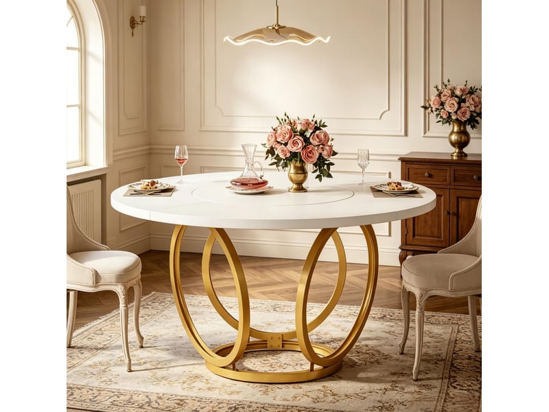 Table à manger ronde design 120 cm blanche et dorée, plateau mdf et piètement acier pour 4 à 6 personnes - Conforama B