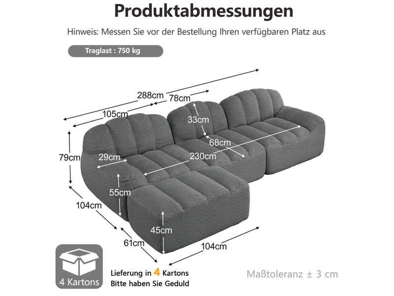  Canapé modulable 3 places en l avec pouf, tissu bouclette gris  - Conforama E