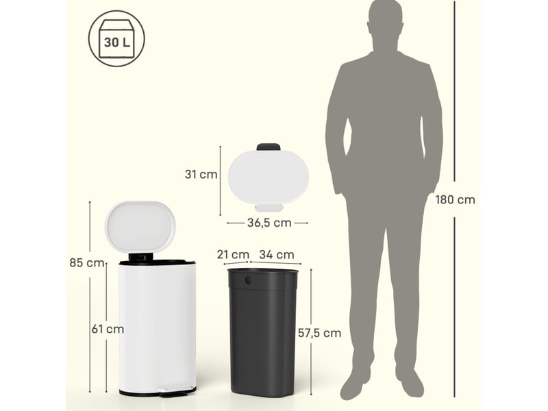  Poubelle de cuisine à pédale 30 l 36,5x31x61 cm fermeture douce métal blanc crème  - Conforama E