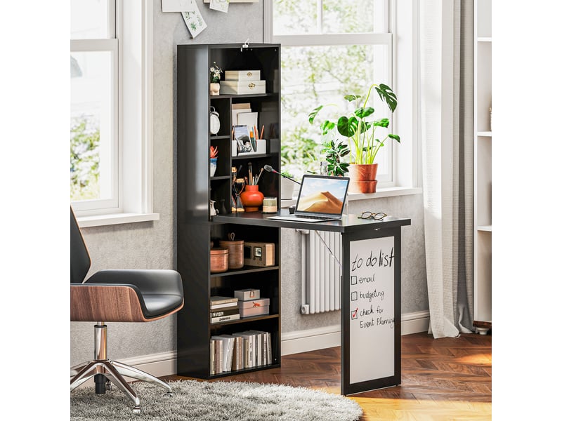 Bureau pliant moderne avec bibliothèque et tableau noir, en bois et métal, 98 x 51 x 153 cm, noir - Conforama C